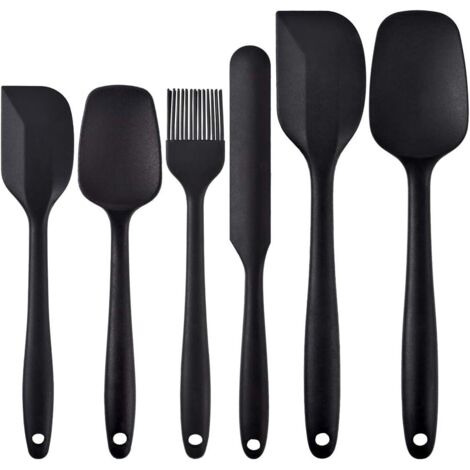 Juego de espátulas de cocina de silicona, diseño único de 6 piezas, espátulas de goma antiadherentes con núcleo de acero inoxidable para hornear, cocinar y revolver – Negro