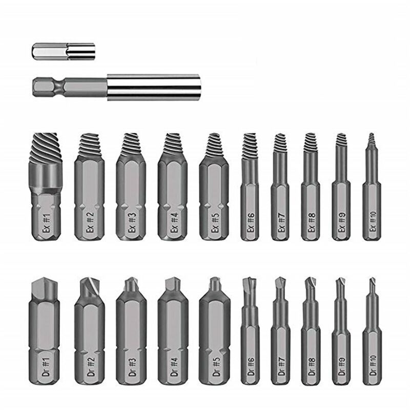 

Juego de extractor de tornillos dañados de 22 piezas para tornillos rotos HSS Kits de extracción de tornillos extractores de tornillos rotos