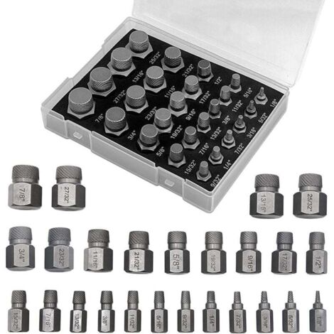 Juego de extractores de tornillos rotos KZQ, 25 piezas para zurdos, para extraer pernos, tornillos y tornillos de cabeza hueca hexagonal.
