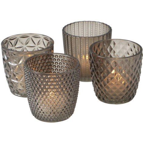 Juego de farolillos Boltze Marilu de 4 piezas (gris, vasos decorativos para velas/candelitas, portavelas ø 8 cm, varios diseños, forma redonda, portavelas) 2002930