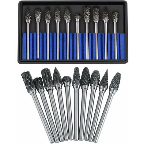 Juego de fresas de carburo Limas rotativas de acero de tungsteno 10 piezas Fresa de extremo Diámetro del vástago Cortador de cabeza 3 mm 6 mm El taladro Talla de metal Corte Pulido Grabado Perforación