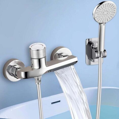 Juego de grifo de bañera con manguera y grifo de cascada de pared (plateado)