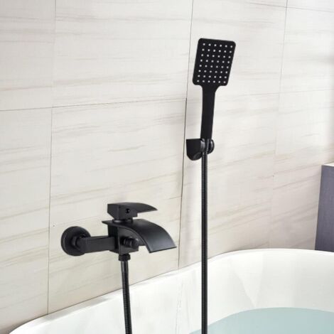 Juego de grifo para bañera, cascada con ducha, Juego de Ducha Ducha Tipo Lluvia Mezclador de baño con Ducha de Mano y Grifo Mezclador de Ducha de Pared Negro