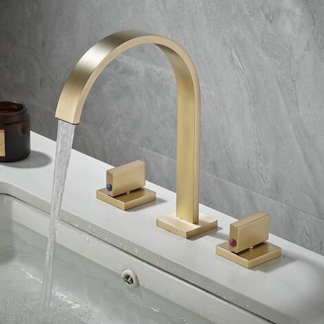 Juego de grifo para lavabo independiente de 3 orificios - Cuerpo de latón - Diseño de dos manijas, Modelo B Oro cepillado