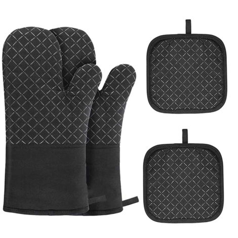 Juego de guantes de cocina y agarraderas, guantes de horno resistentes al calor, superficie de silicona antideslizante, aptos para usar en la cocina, para cocinar, hornear, asar a la parrilla, color n