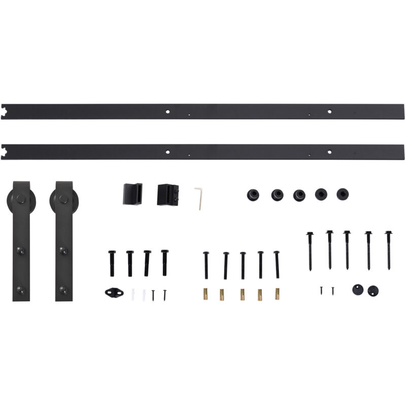 Juego de herrajes para puerta corredera de 200 cm, juego completo con riel, rodillos, topes, guía de suelo y tornillos, acero al carbono, color negro