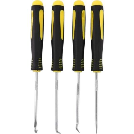 Juego de herramientas de 4 piezas: extractor de retenes de aceite, gancho para junta tórica de goma, destornillador para junta, herramienta de extracción manual, color negro y amarillo.