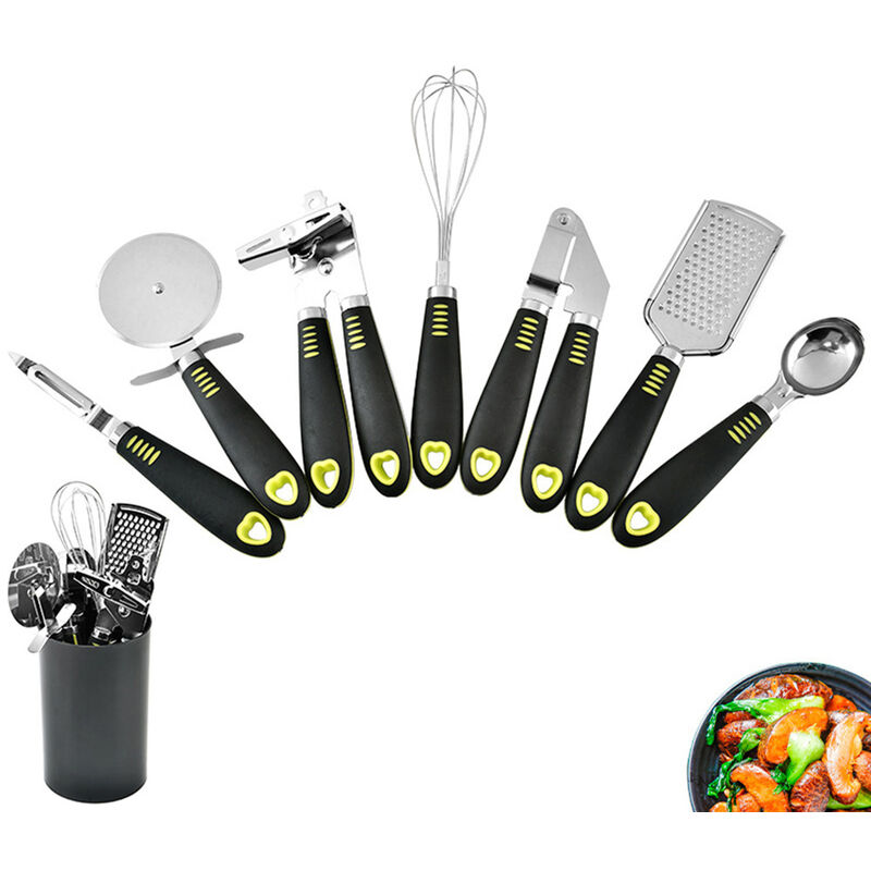 

Juego de herramientas de cocina de 7 piezas con soporte Utensilios de acero inoxidable con mango antideslizante Utensilios de cocina con orificios