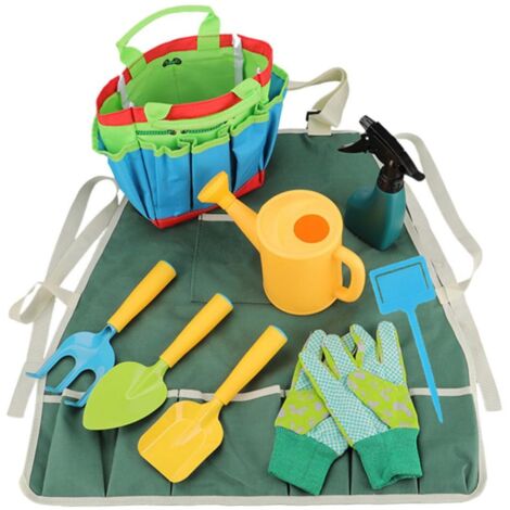 Juego de herramientas de jardinería de 9 piezas para niños y niñas: pala, rastrillo, regadera y delantal liso para divertirse en la jardinería al aire libre.