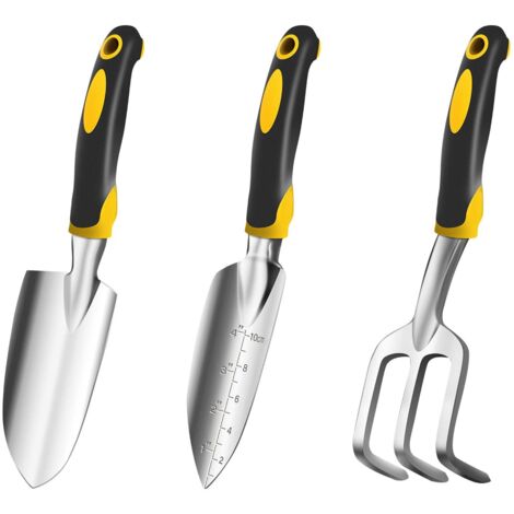 Juego de herramientas de jardinería de aluminio resistente de 3 piezas que incluye una paleta de trasplante y un rastrillo de mano, con mango ergonómico antideslizante de goma.