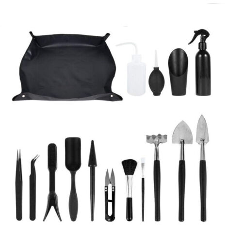 Juego de herramientas de jardinería (negro), mini juego de herramientas para jardinería interior, juego completo, apto para plantaciones de interior o en maceta, 16 piezas en total con tapete.