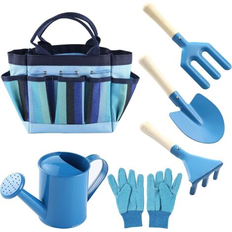 Juego de herramientas de jardinería para niños, juego de playa para exteriores para niños, juego de 6 piezas (azul)