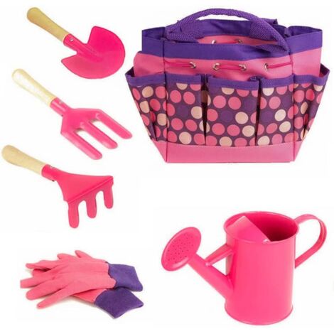 Juego de herramientas de jardinería para niños, juego de playa para exteriores para niños, juego de 6 piezas (rosa)