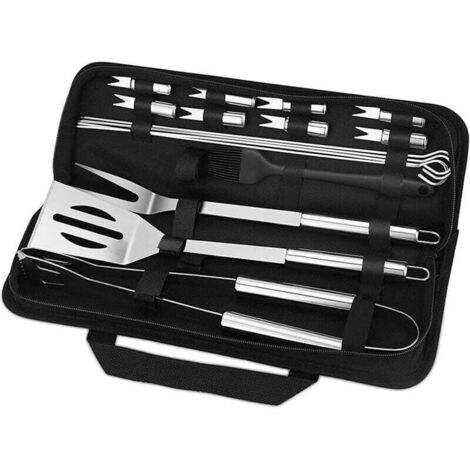 Juego de herramientas para barbacoa, 16 piezas de acero inoxidable con recipiente, espátula, tenedor, pinzas, brochetas y cepillo para exteriores, camping y jardín.