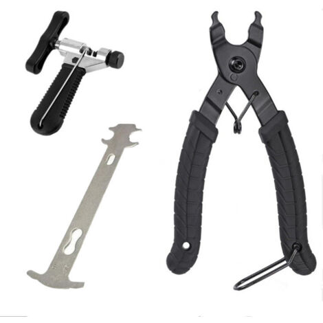 Juego de herramientas para bicicleta: alicates para cadena, comprobador de desgaste de cadena y herramienta para abrir y cerrar la cadena.