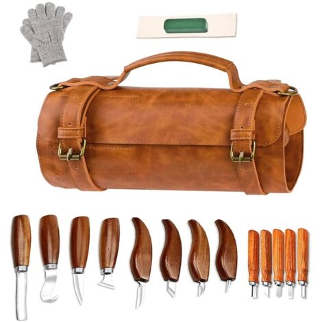 Juego de herramientas para tallar madera, estuche de cuero, 17 herramientas, ideal para principiantes.