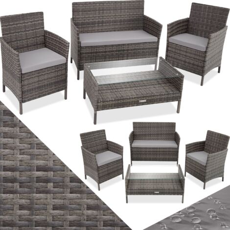 Juego de Jardín de ratán sintético Madeira - mueble de exterior de poli ratán, muebles de ratán sintético con cojines y fundas, asientos de jardín con estructura de acero