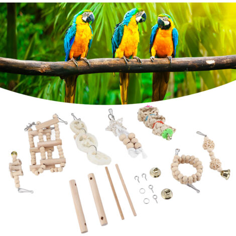 Juego de juguetes de 8 piezas para jaula de loros: columpio de madera natural para roer, nido, escalera de caracol y perchas verticales.