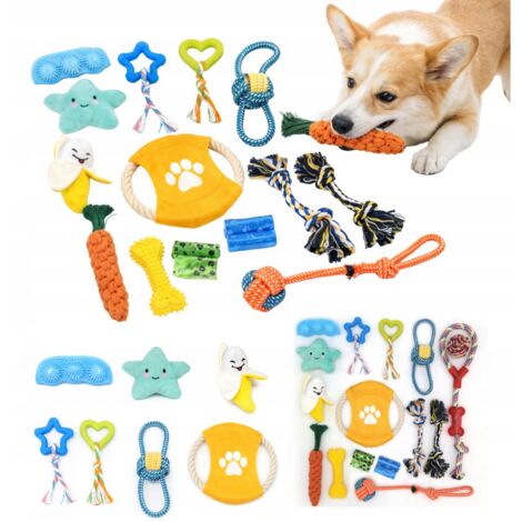Juego de juguetes para perros: juguete para tirar, juguete para masticar, frisbee, pelota, 16 piezas.