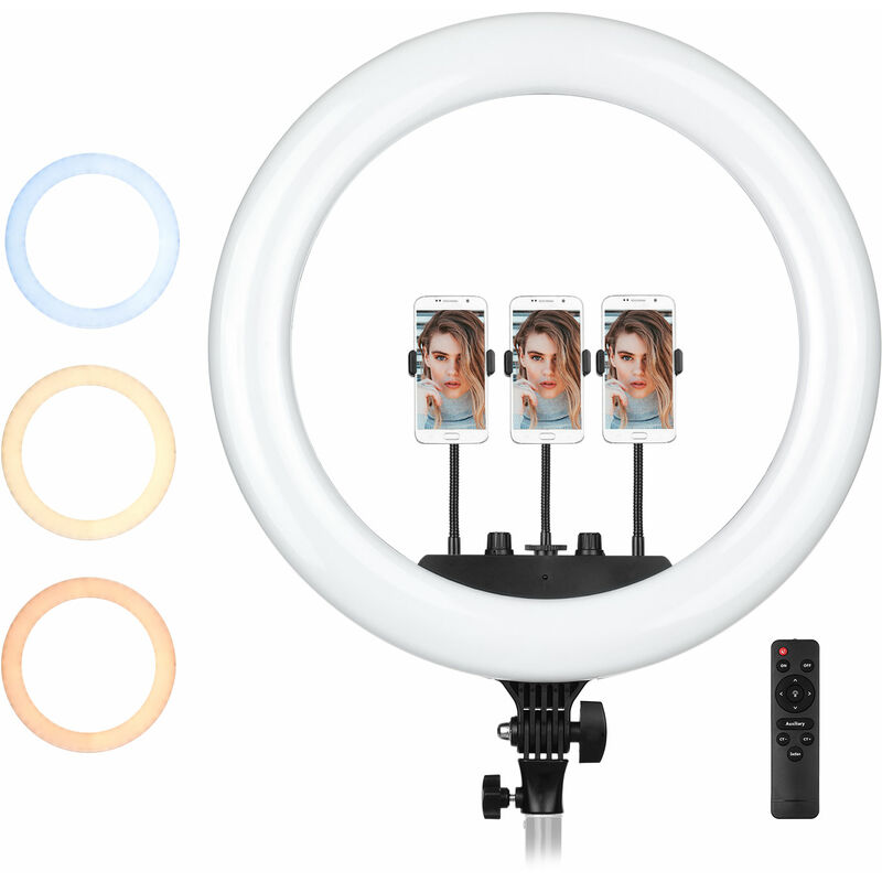 

Juego de lampara de fotografia con luz de anillo LED de 18 pulgadas bicolor 3200K-5600K regulable sin escalonamientos con 3 soportes para telefono