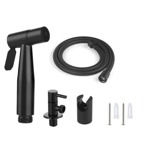 Juego de lanza para inodoro de acero inoxidable 304, boquilla de refuerzo antipinchazos, pulverizador de bidé portátil con manguera de descarga y válvula, color negro