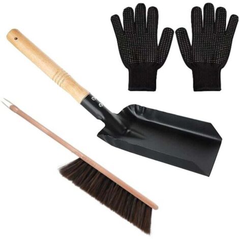Juego de limpieza de chimenea con pala, cepillo para estufa de leña natural, guante de silicona negro, pala para chimenea, juego de palas para cenizas