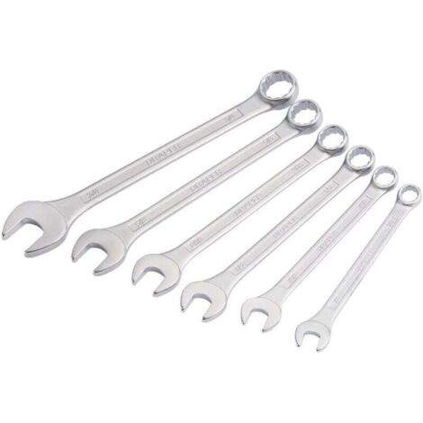 Juego de llaves combinadas de trinquete ZVD-6, de grado industrial, fabricadas en acero Cr-V cromado forjado y tratado térmicamente, medidas métricas de 8 mm a 17 mm.