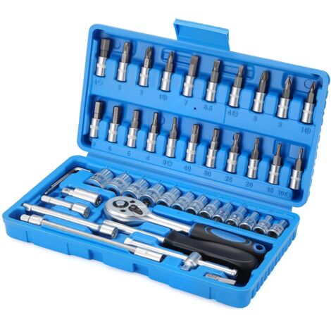 Juego de llaves de carraca de 46 piezas con llave de carraca de 1/4", juego de puntas y estuche profesional – Para coche, hogar y bricolaje