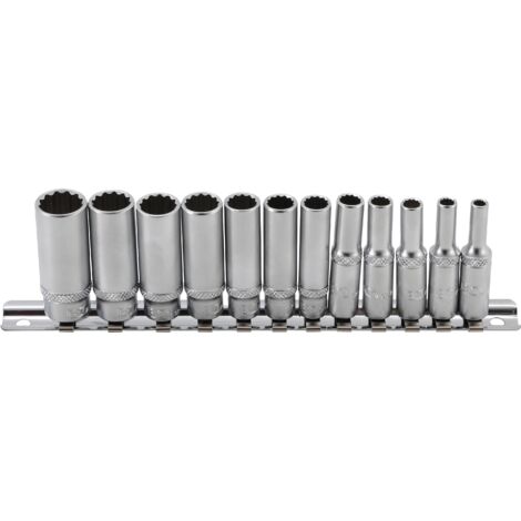 Juego de llaves de vaso 12 caras, largas  entrada 6,3 mm (1/4")  medidas en pulgadas  12 piezas