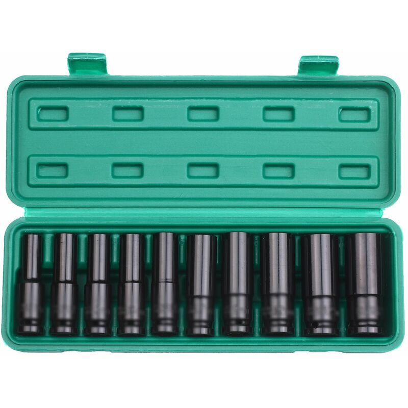 

Juego de llaves de vaso de impacto hexagonales de 1/2 pulgada, 10 piezas de vaso profundo, tamanos metricos, acero al carbono de 8-24 mm con caja de