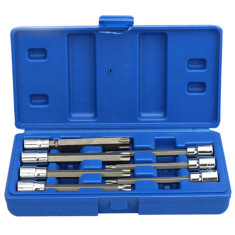 Juego de llaves de vaso Torx extralargas fabricadas en acero CrV de alta calidad, 7 piezas, puntas Torx T25 a T60, accionamiento de 3/8", vasos de 110 mm, manguito hexagonal.