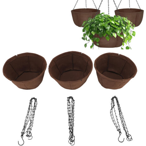 Juego de macetas colgantes + 3 macetas de tela no tejida + cadena resistente a la corrosión de 25 cm de largo, macetas colgantes, decoración para balcón/terraza