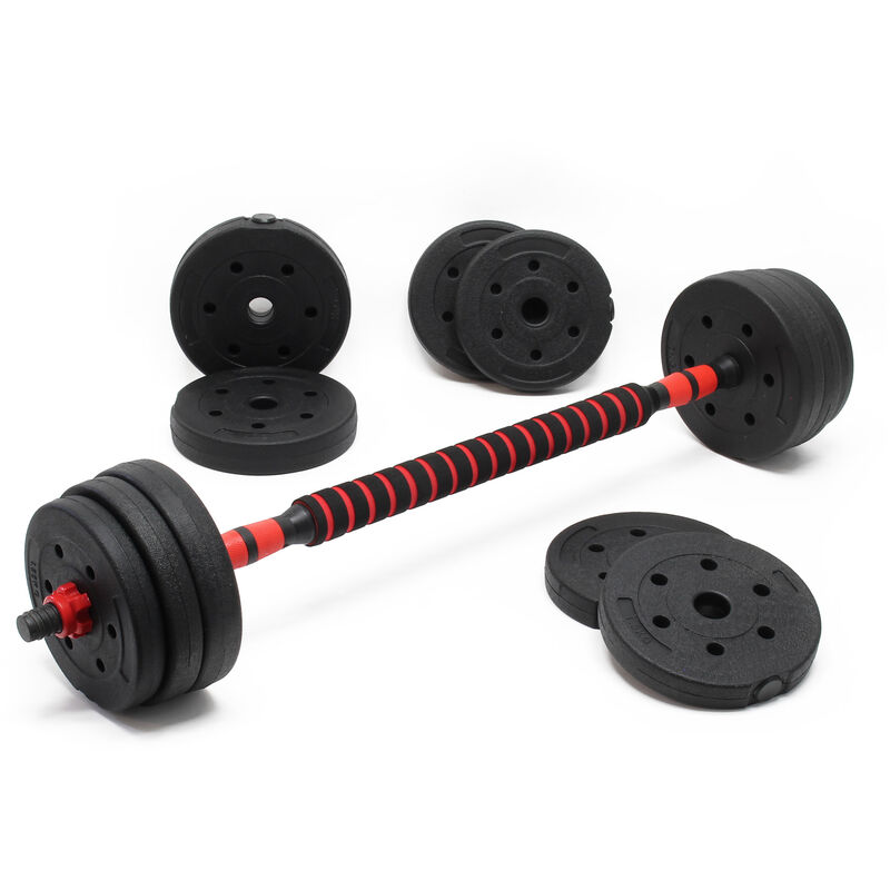 

Juego de mancuernas y haltera 20kg, set de pesas 2en1 con 12 discos, barra de extensión para haltera