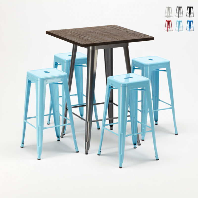

Juego de mesa alta y 4 taburetes metálicos Tolix de estilo industrial Williamsburg | Color: Azul
