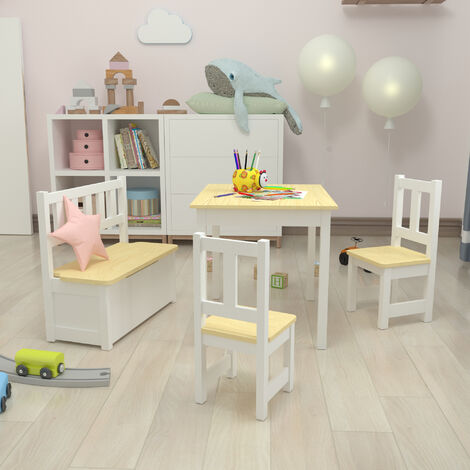 Juego de mesa con 2 sillas y 1 banco para niños Lousame pino MDF natural / blanco [en.casa]