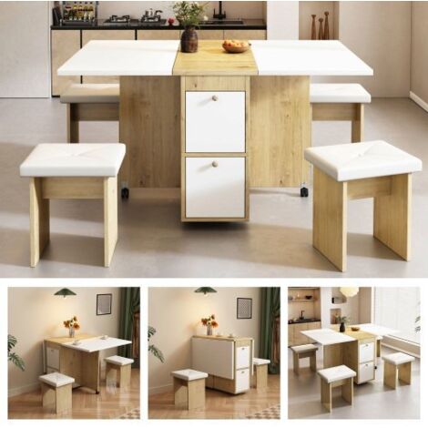 Juego de mesa extensible y 4 sillas, 120×80×75 cm, blanco y roble