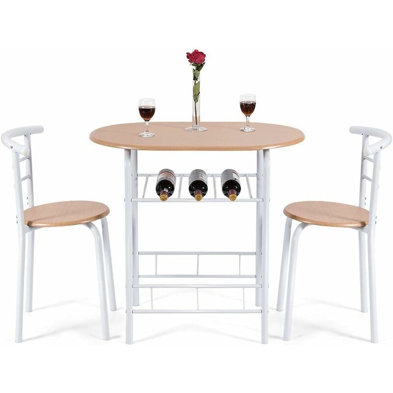 

Juego de Mesa y 2 Sillas de Comedor de Madera y Metal con Vino Estante para Cocina (Blanco)