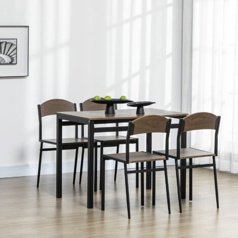 Juego de Mesa y 4 Sillas de Comedor Estilo Moderno Marco Metálico para Espacios Pequeños Marrón Oscuro y Negro