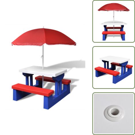 Juego de mesa y banco - vidaXL Mesa de picnic y bancos para niños y sombrilla multicolor - Mesa para niños