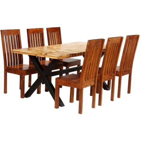 Juego de mesas de comedor 7 uds madera maciza de acacia y mango