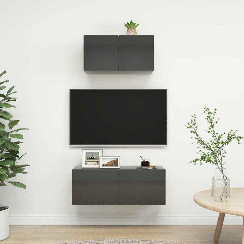 

Juego de mueble para TV de 2 piezas aglomerado gris brillante