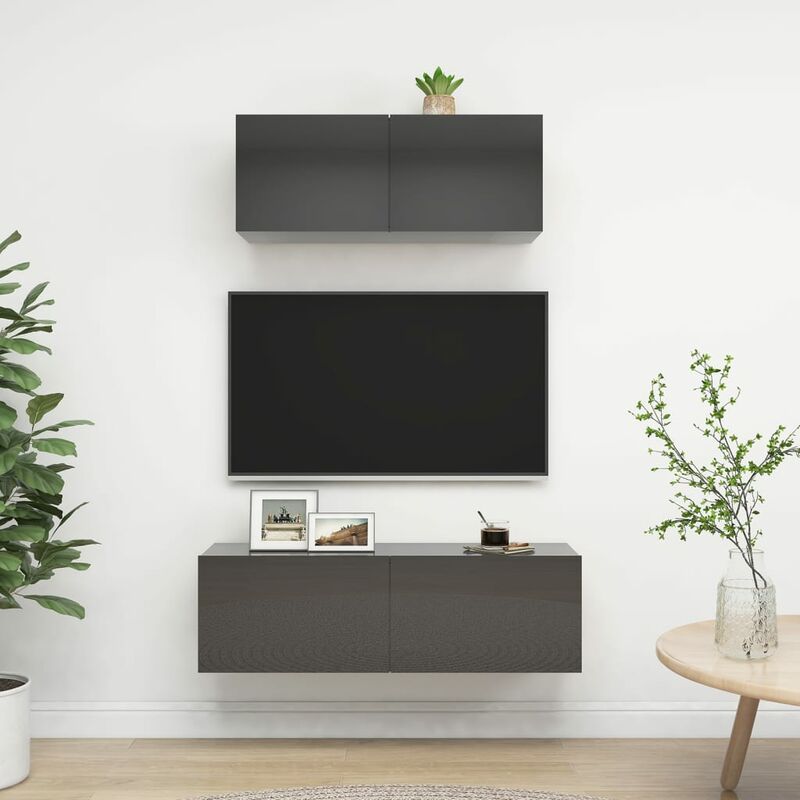 

Juego de mueble para TV de 2 piezas aglomerado gris brillante