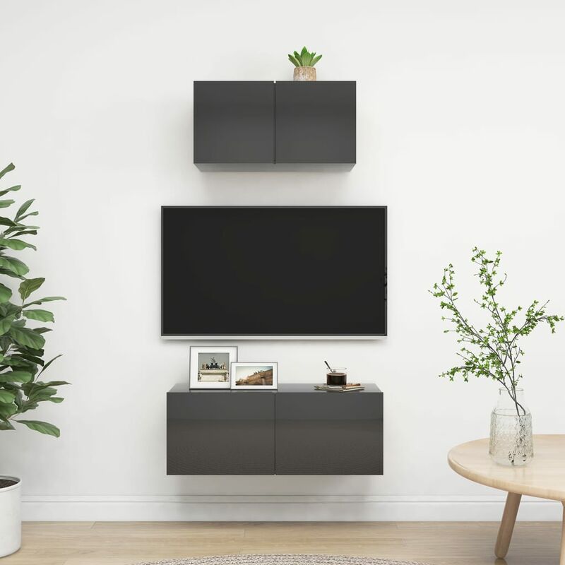 

Juego de mueble para TV de 2 piezas aglomerado gris brillante