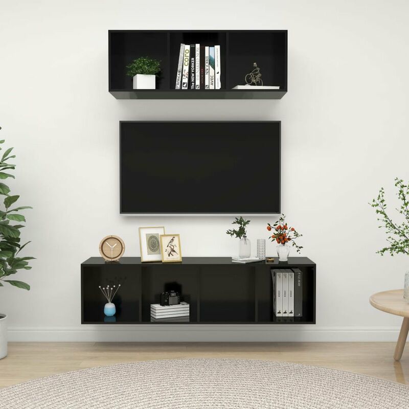 

Juego de mueble para TV de 2 piezas aglomerado negro brillante