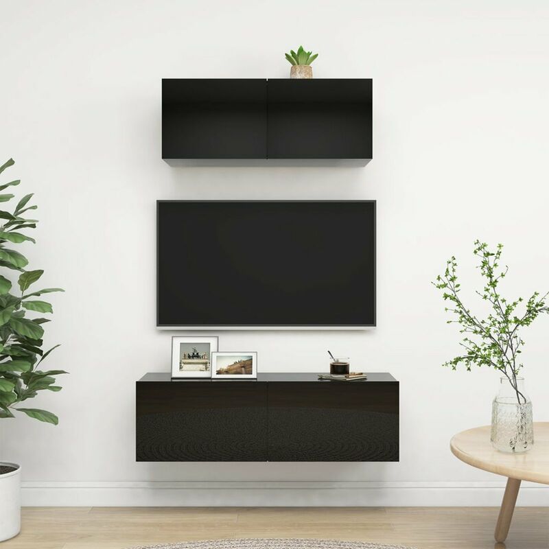 

Juego de mueble para TV de 2 piezas aglomerado negro brillante