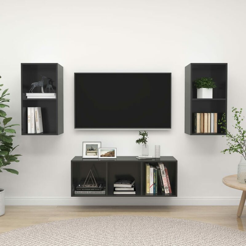

Juego de mueble para TV de 3 piezas aglomerado gris brillante