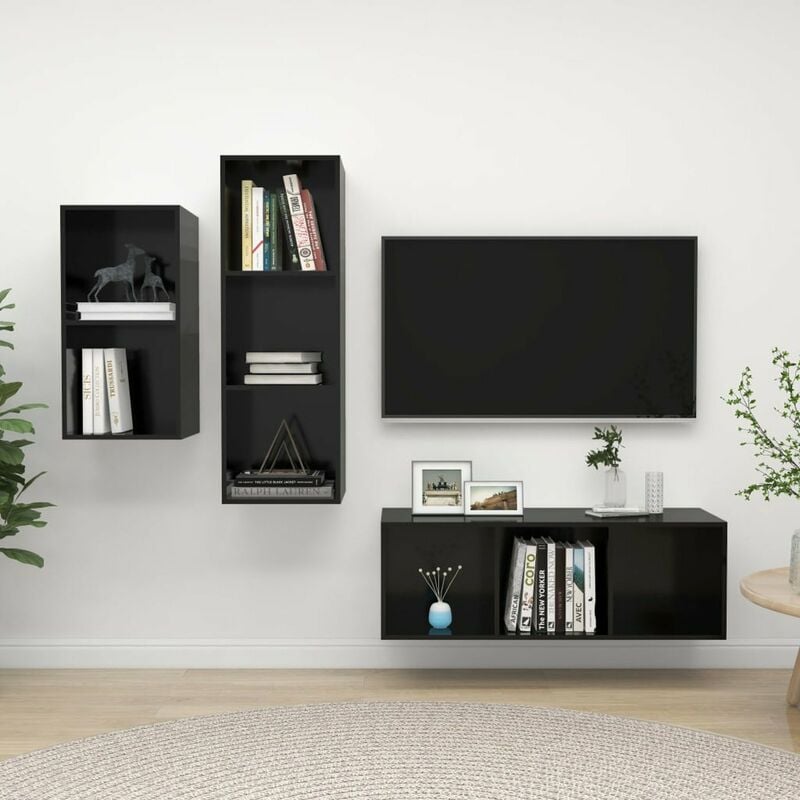 

Juego de mueble para TV de 3 piezas aglomerado negro brillante