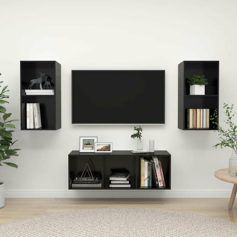 

Juego de mueble para TV de 3 piezas aglomerado negro brillante