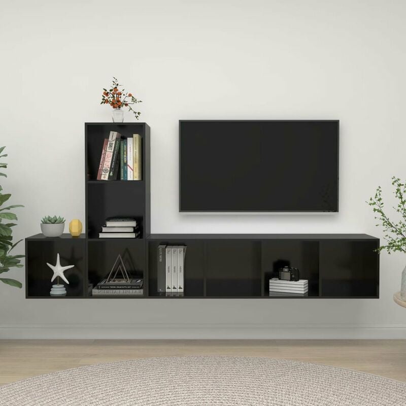 

Juego de mueble para TV de 3 piezas aglomerado negro brillante