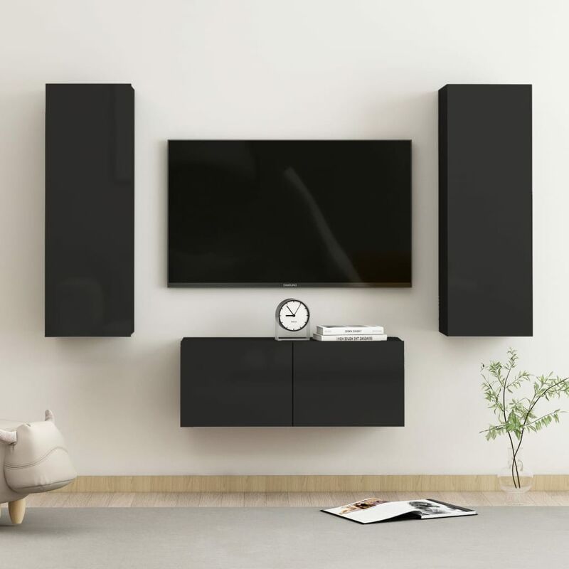 

Juego de mueble para TV de 3 piezas aglomerado negro brillante